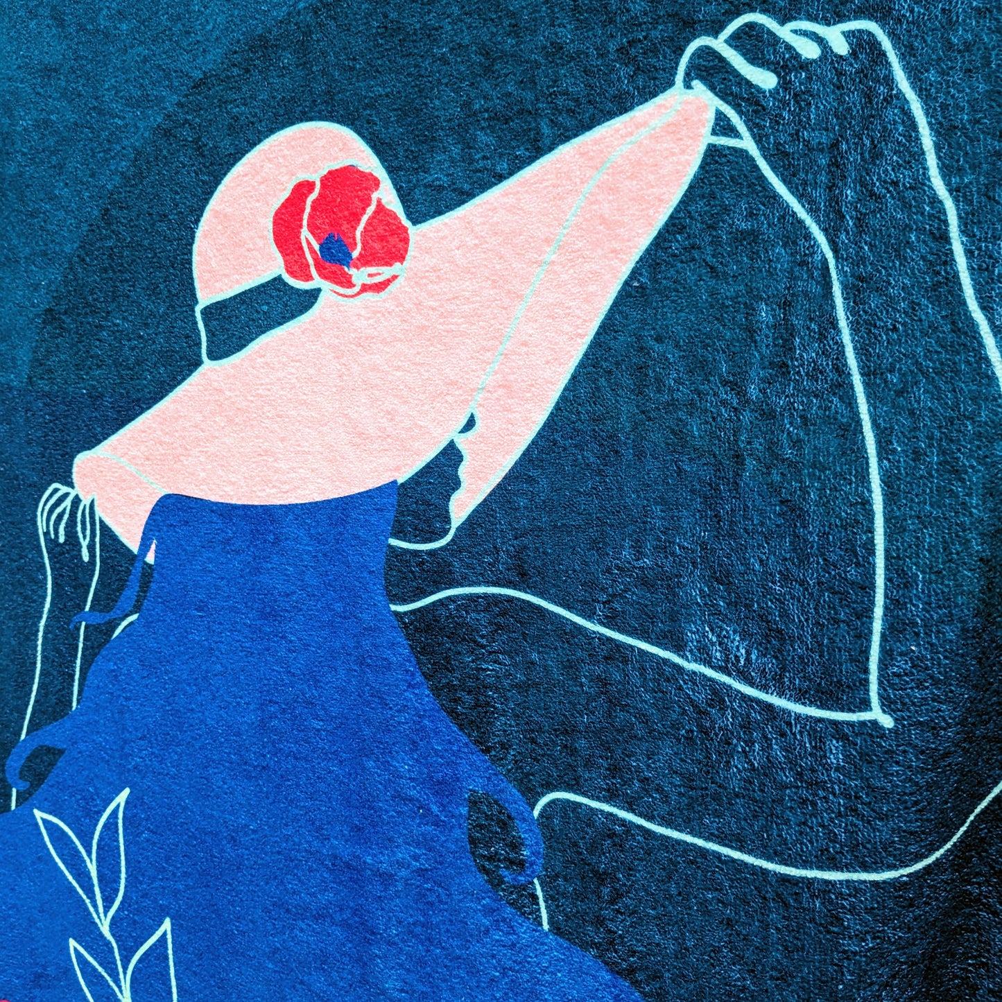 Serviette de bain illustrée : dame au chapeau
