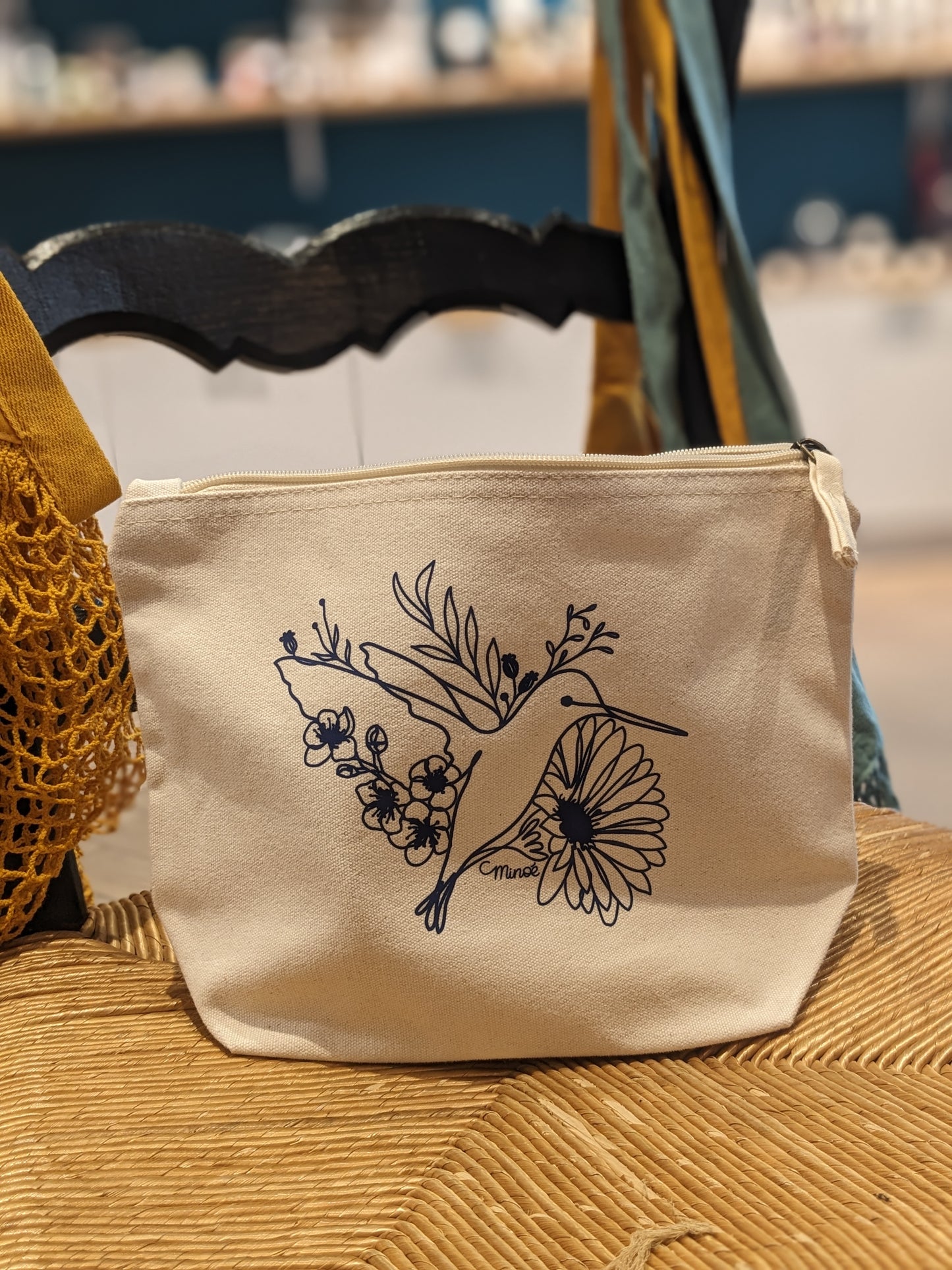 Trousse zippée coton bio écru - colibri