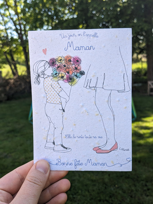 Carte à planter : fête des mamans - enfant et bouquet