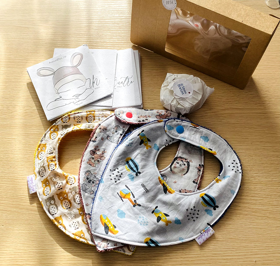 Coffret naissance : bavoir bandana, cartes étapes de bébé à planter et savon détachant