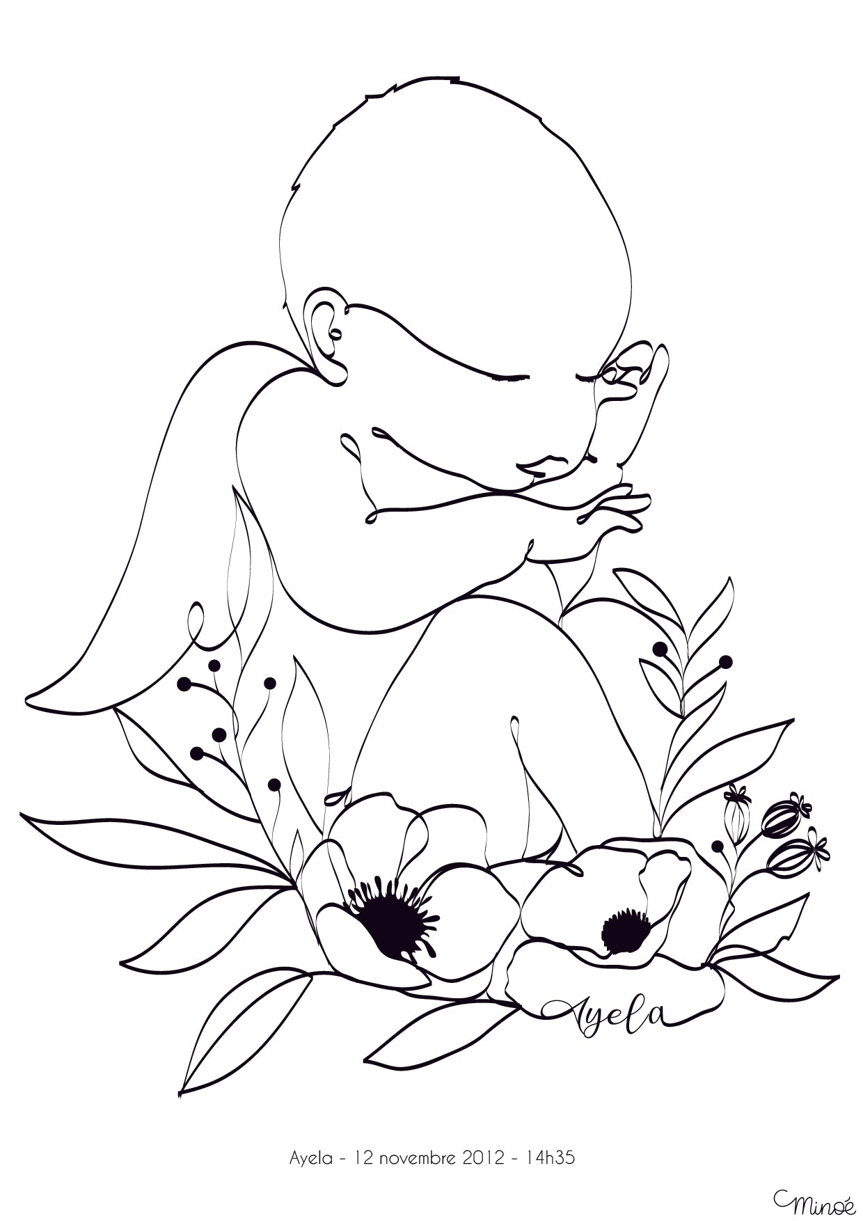 Illustration de naissance : bébé fleuri