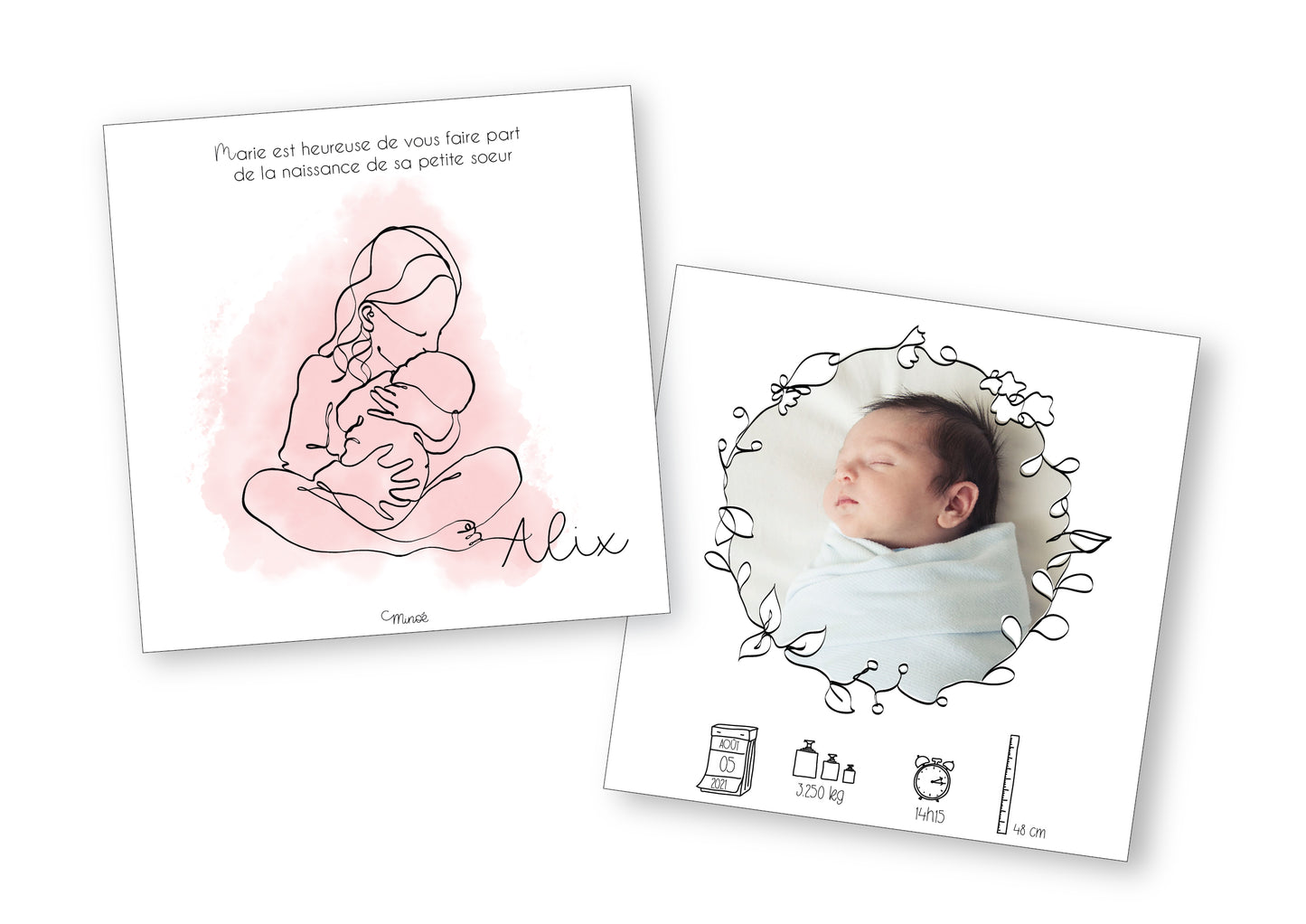 Faire-part de naissance - 2 pages - modèle fratrie - printable