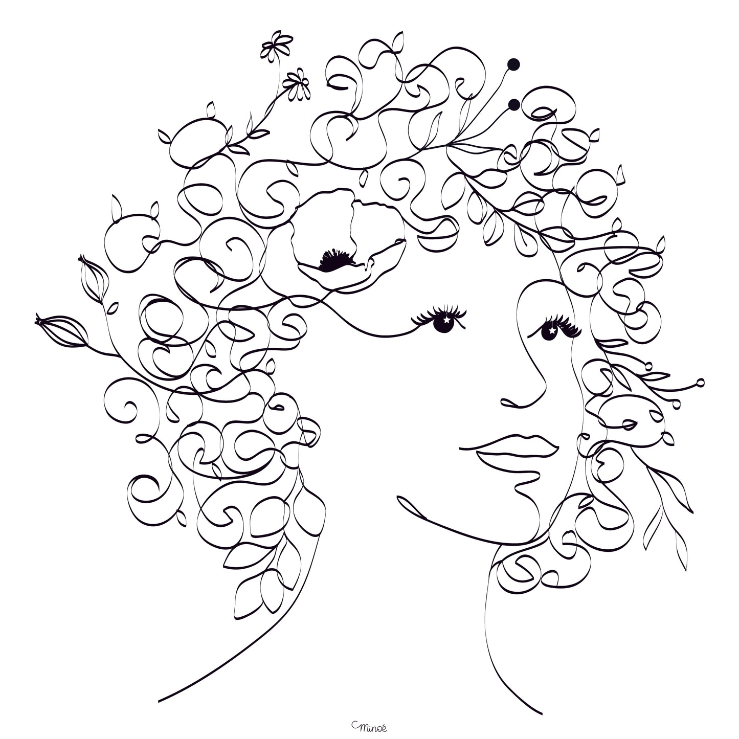 Illustration des fleurs dans les cheveux, des étoiles dans les yeux