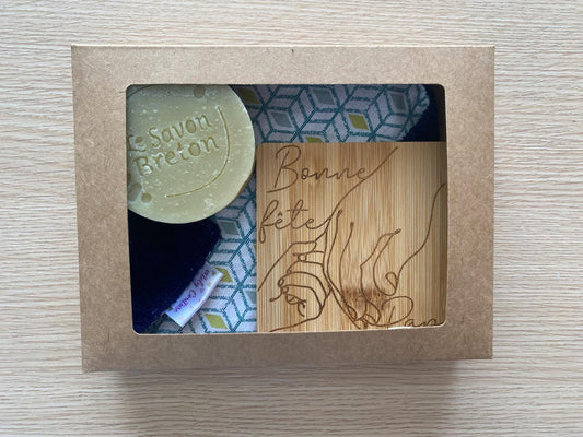 Coffret fête des papis : Savon breton + serviette colorée et sous-verre personnalisé