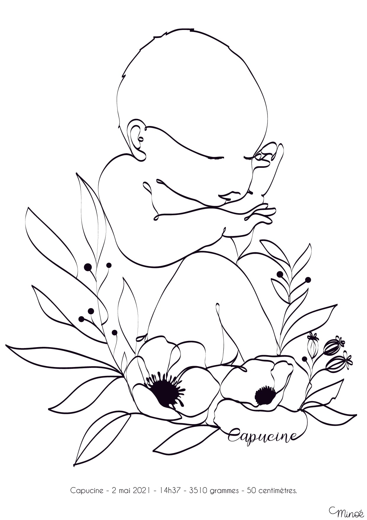Illustration de naissance : bébé fleuri