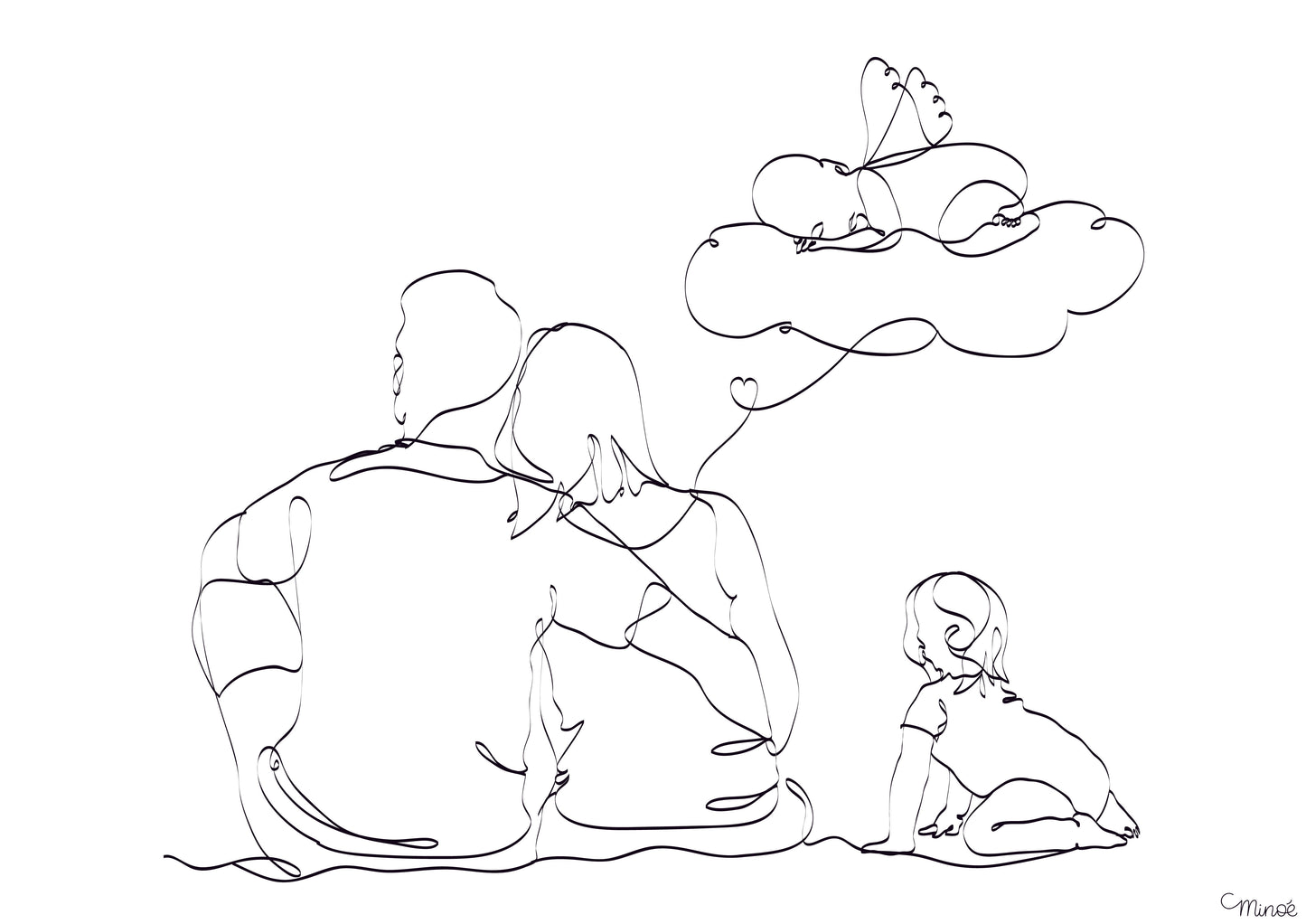 Illustration portrait de famille - famille assise de dos