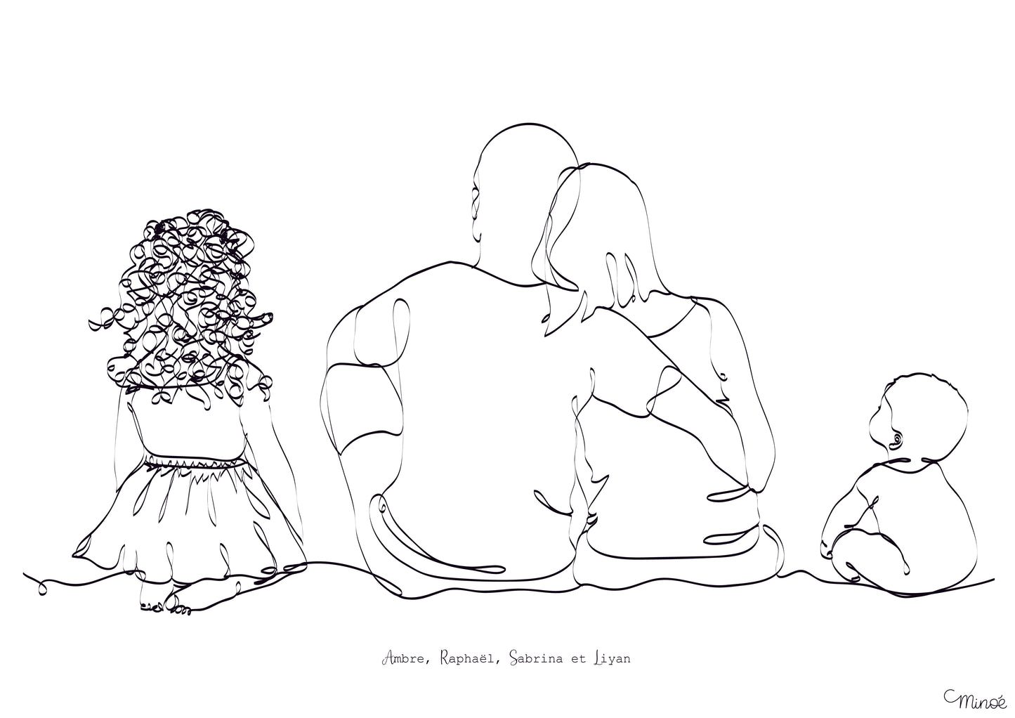 Illustration portrait de famille - famille assise de dos